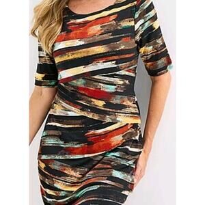 Connected Apparel Womens 4 Avant Garde Short Sleeve Striped Layered Sheath Dress
